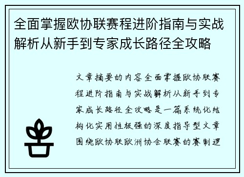 全面掌握欧协联赛程进阶指南与实战解析从新手到专家成长路径全攻略