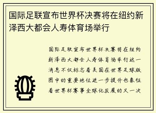 国际足联宣布世界杯决赛将在纽约新泽西大都会人寿体育场举行